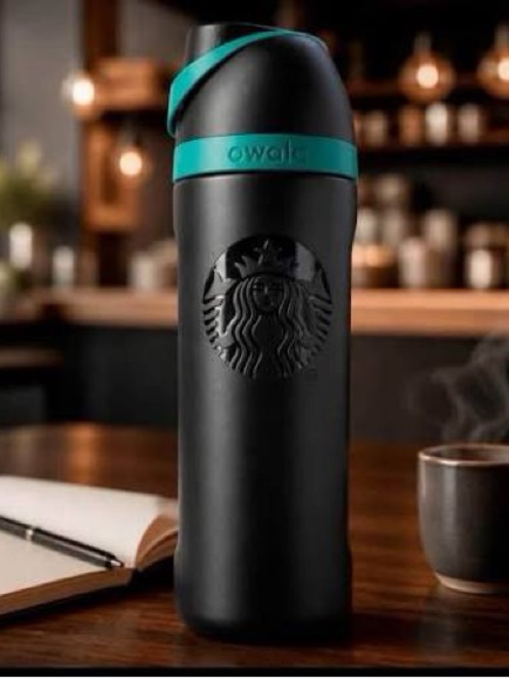 Starbucks Black Tumbler with Teal Accent Band